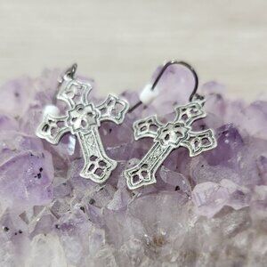 Fashion Jewlery Silvertone Gothic Cross Drop Dangle French Wire Earings